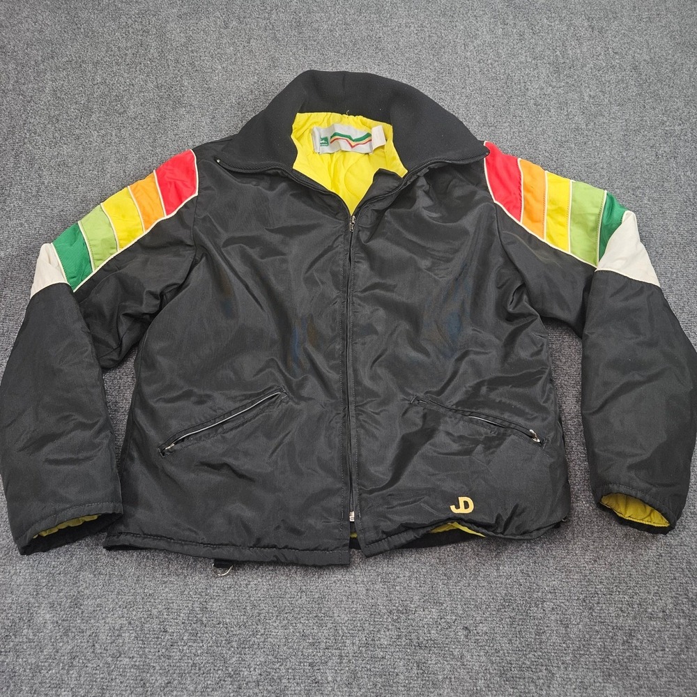 Vintage‎ John Deere Jacket Large Black Nylon Stripe Racing 90s Workwear Full Zip